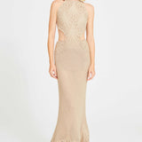 Beige Crochet Halter Neck Midi Dress with Cutout Lace Details