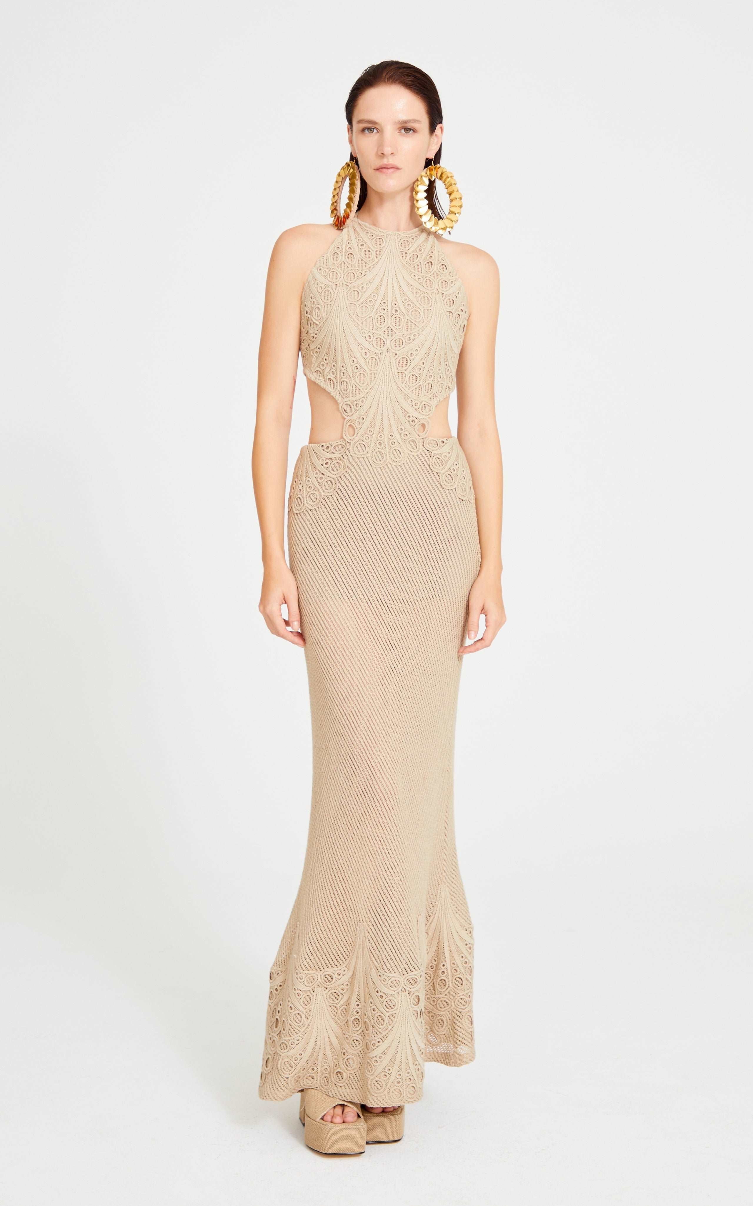 Beige Crochet Halter Neck Midi Dress with Cutout Lace Details