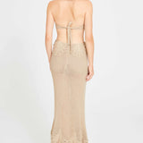 Beige Crochet Halter Neck Midi Dress with Cutout Lace Details