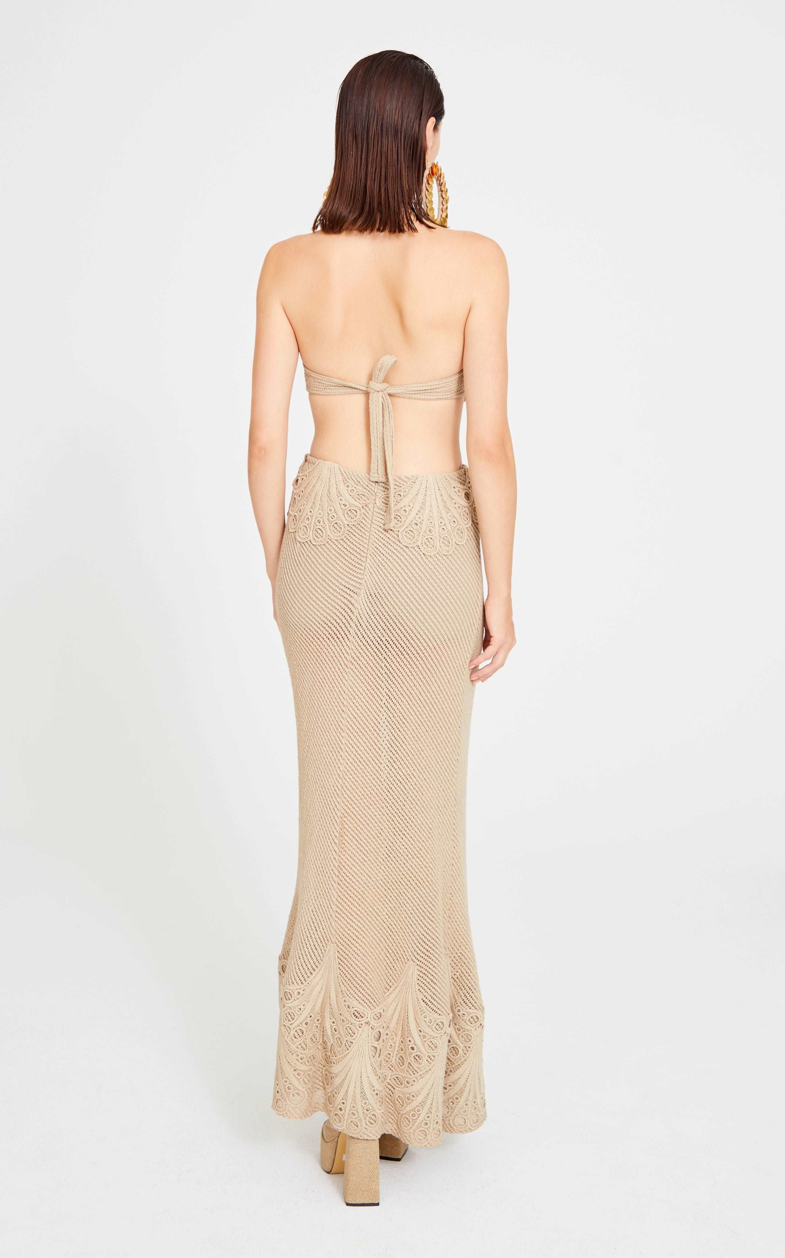 Beige Crochet Halter Neck Midi Dress with Cutout Lace Details