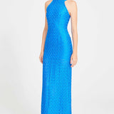 Blue Halter Neck Maxi Dress With Embroidery Details