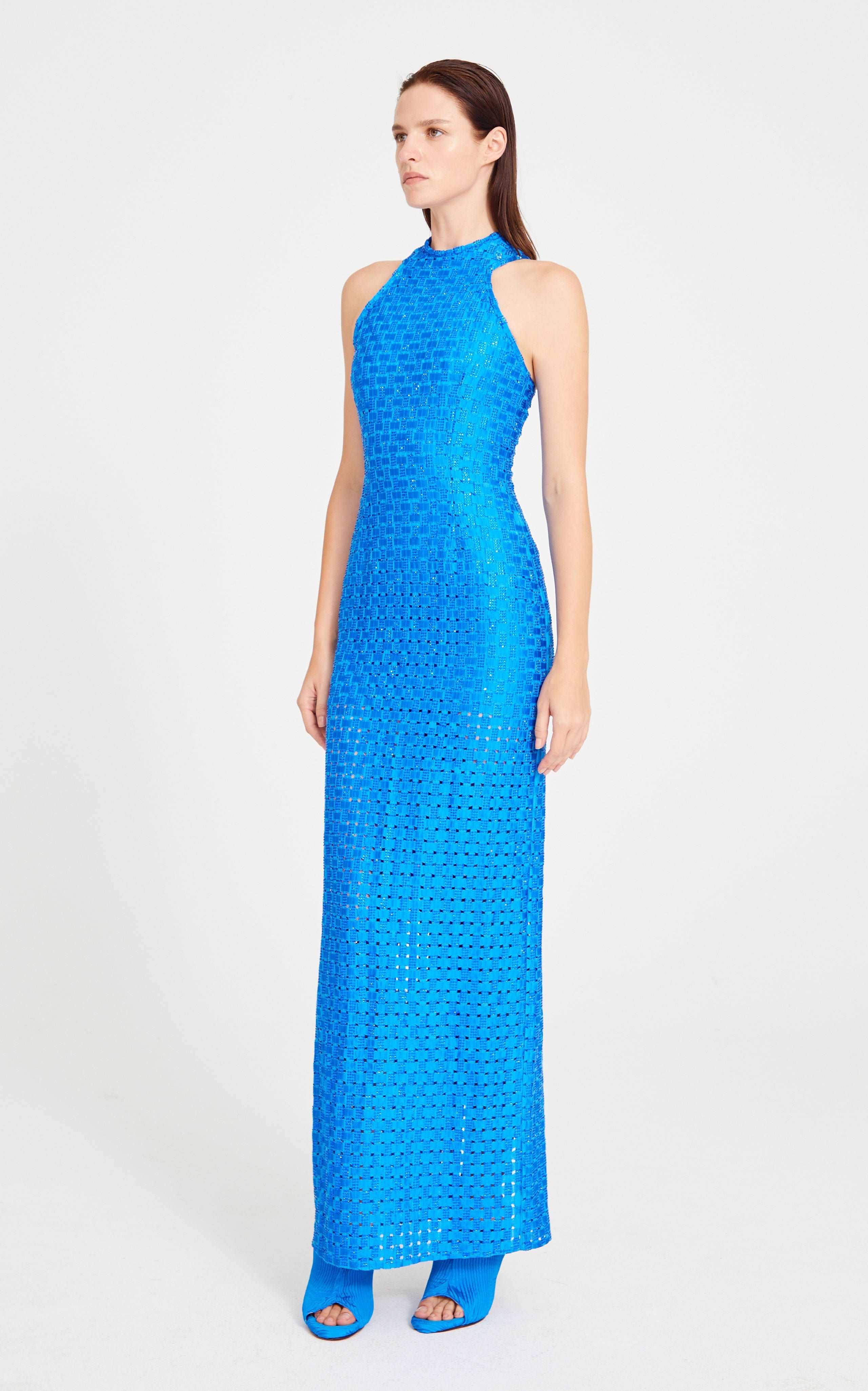 Blue Halter Neck Maxi Dress With Embroidery Details