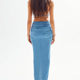 Indigo Buzzy V-neck Maxi Dress with Cutout and Gold Ivory Accessory Details