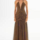 Tulle Maxi Dress with Deep Decolette and Drape Details