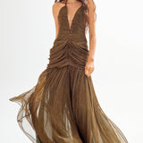 Tulle Maxi Dress with Deep Decolette and Drape Details