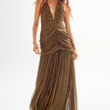 Tulle Maxi Dress with Deep Decolette and Drape Details