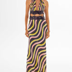 Amazonica Satin Wavy Striped Maxi Dress with Cutout and Black Sequin Details