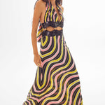Amazonica Satin Wavy Striped Maxi Dress with Cutout and Black Sequin Details