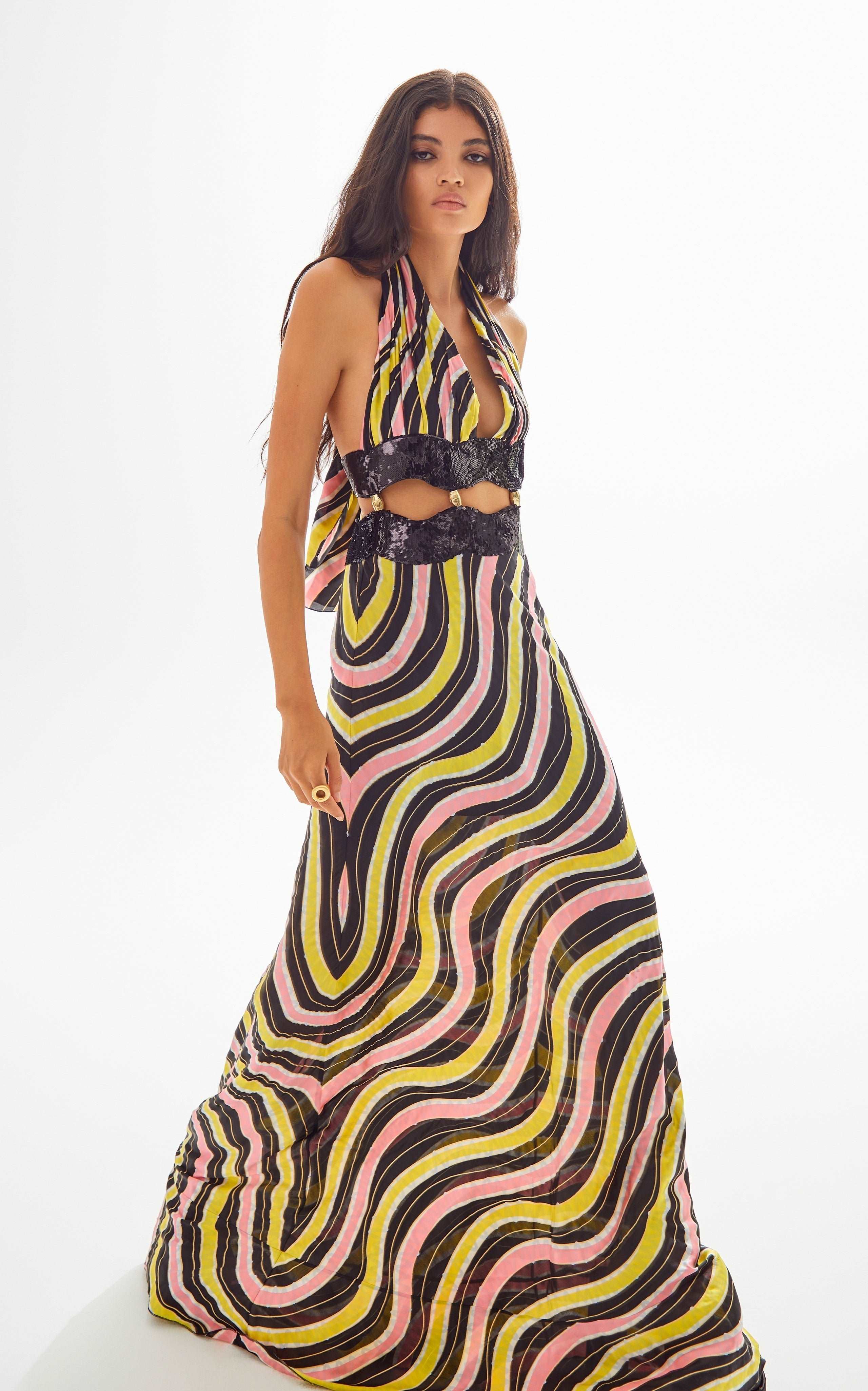 Amazonica Satin Wavy Striped Maxi Dress with Cutout and Black Sequin Details