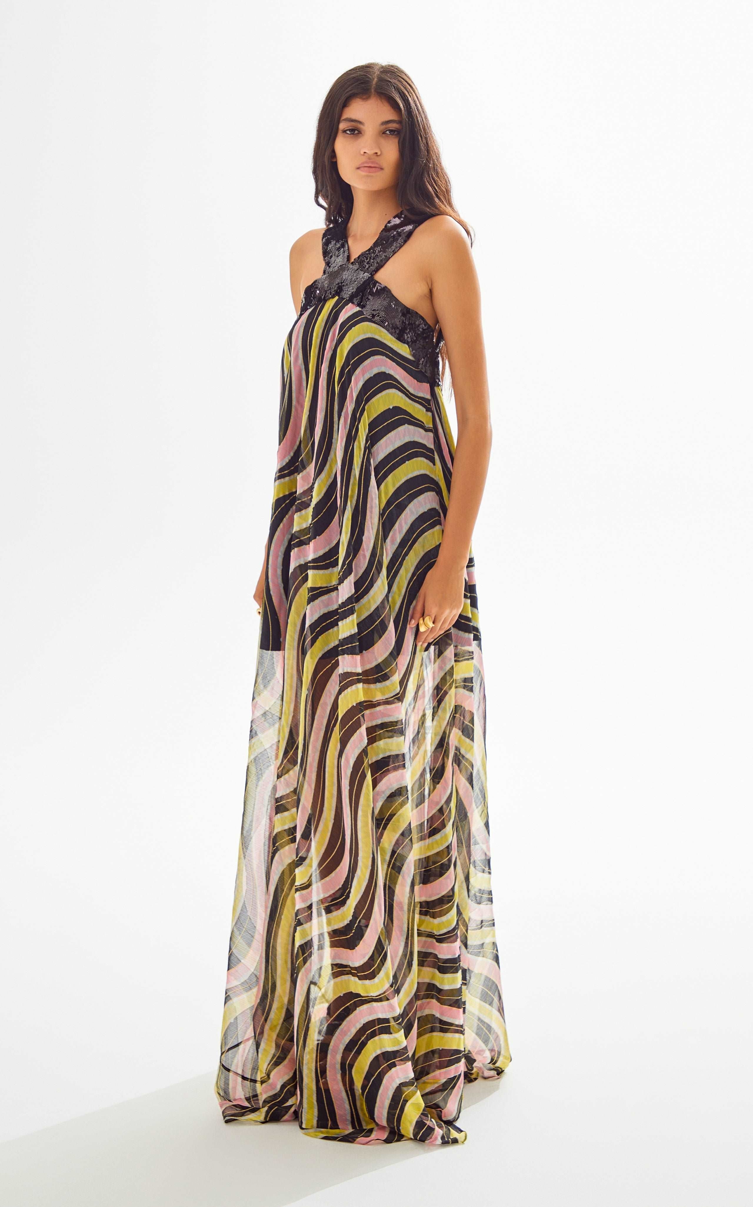 Amazonica Chiffon Wavy Striped Maxi Dress with Black Sequin Details
