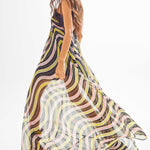 Amazonica Chiffon Wavy Striped Maxi Dress with Black Sequin Details