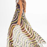 Amazonica Chiffon Wavy Striped Maxi Dress with Black Sequin Details