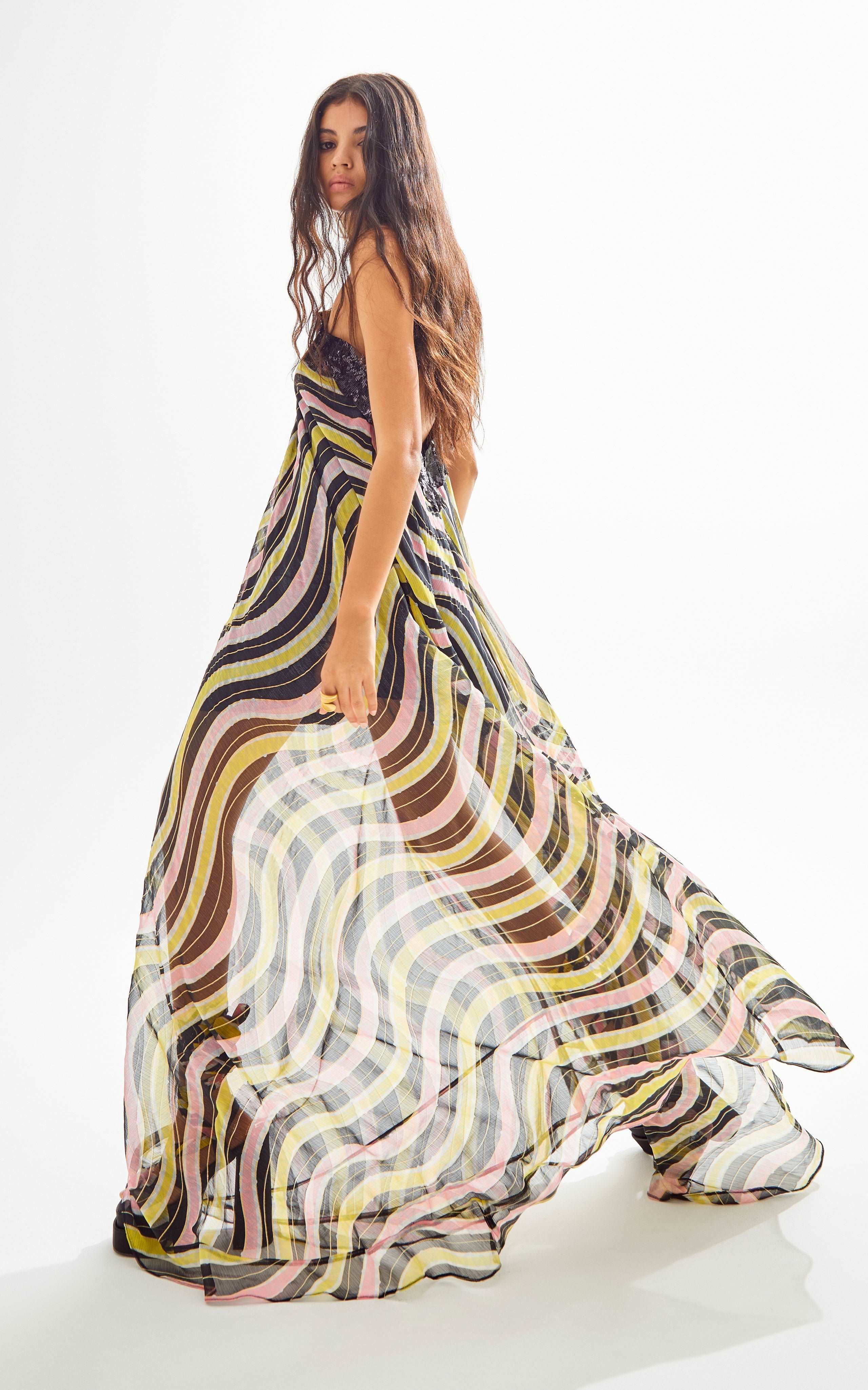 Amazonica Chiffon Wavy Striped Maxi Dress with Black Sequin Details