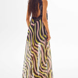 Amazonica Chiffon Wavy Striped Maxi Dress with Black Sequin Details