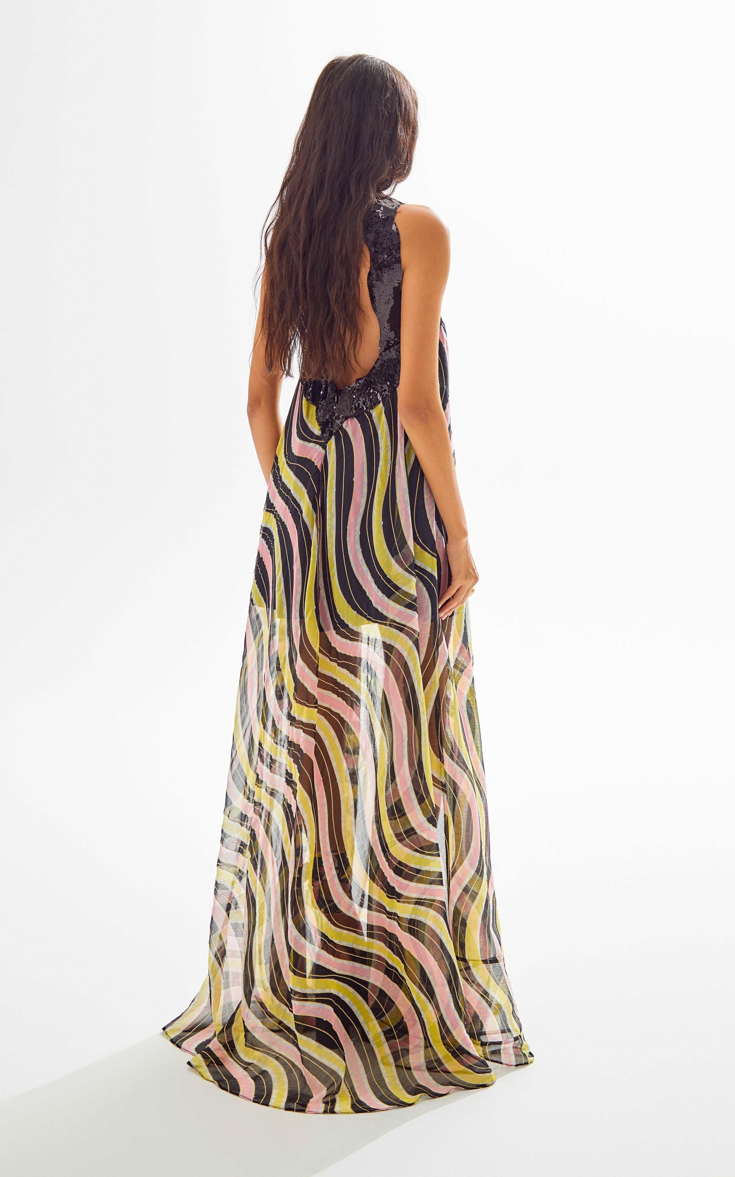Amazonica Chiffon Wavy Striped Maxi Dress with Black Sequin Details