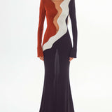 African Color Blocked Maxi Dress with Transparent Decolette Detail