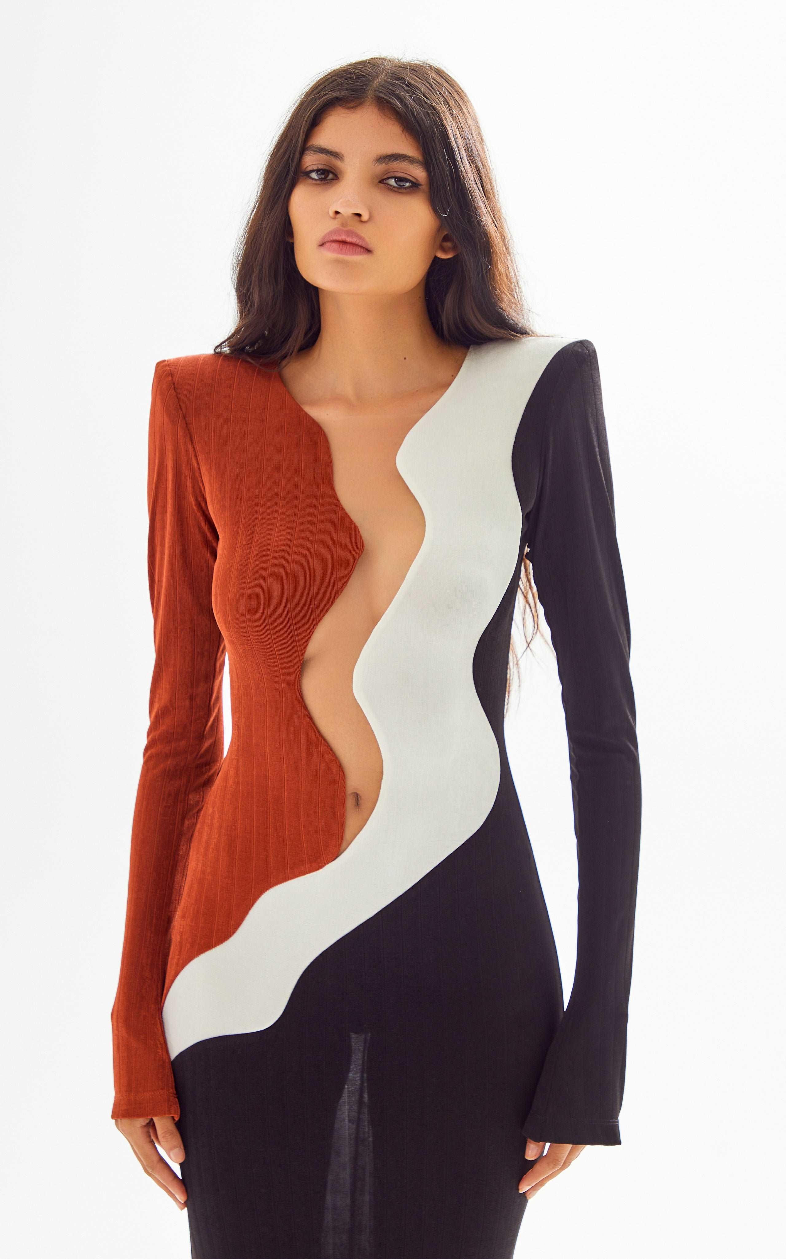 African Color Blocked Maxi Dress with Transparent Decolette Detail