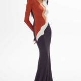 African Color Blocked Maxi Dress with Transparent Decolette Detail