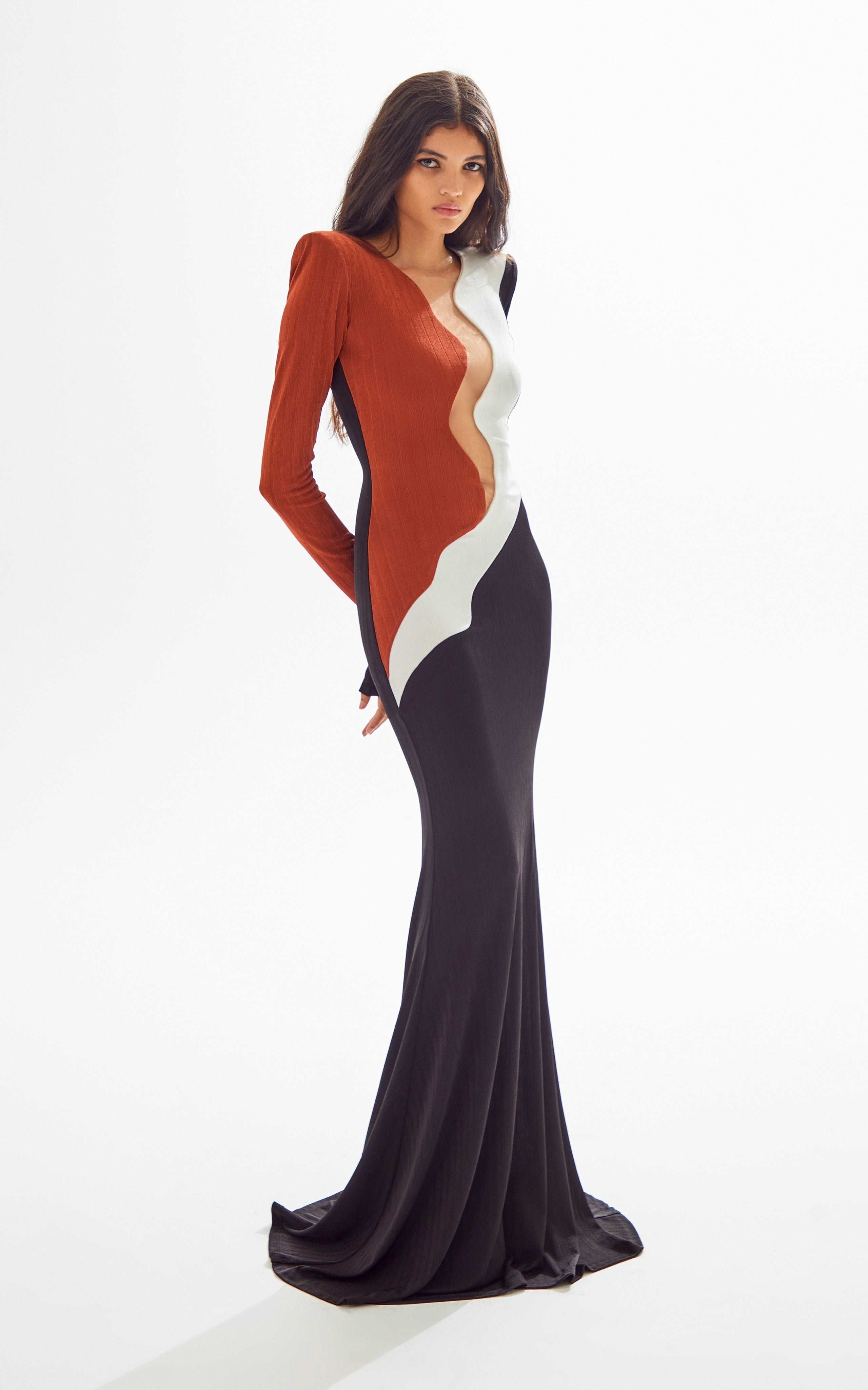 African Color Blocked Maxi Dress with Transparent Decolette Detail