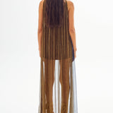 Silk Chiffon Navy Khaki Mini Dress with Long Tail and Gold Sequin Details