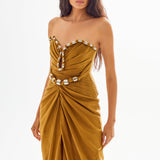 Heart Shaped Strapless Maxi Dress with High Slit and Gold Accessory Details