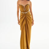 Heart Shaped Strapless Maxi Dress with High Slit and Gold Accessory Details
