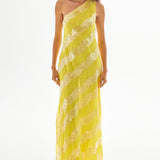 One Shoulder Lemon Maxi Dress with Patterned Sequin Details