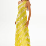 One Shoulder Lemon Maxi Dress with Patterned Sequin Details