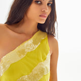 One Shoulder Lemon Maxi Dress with Patterned Sequin Details