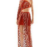 One Shoulder Crystal Embellishements Lace Maxi Dress with Hologram Details