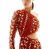 One Shoulder Crystal Embellishements Lace Maxi Dress with Hologram Details