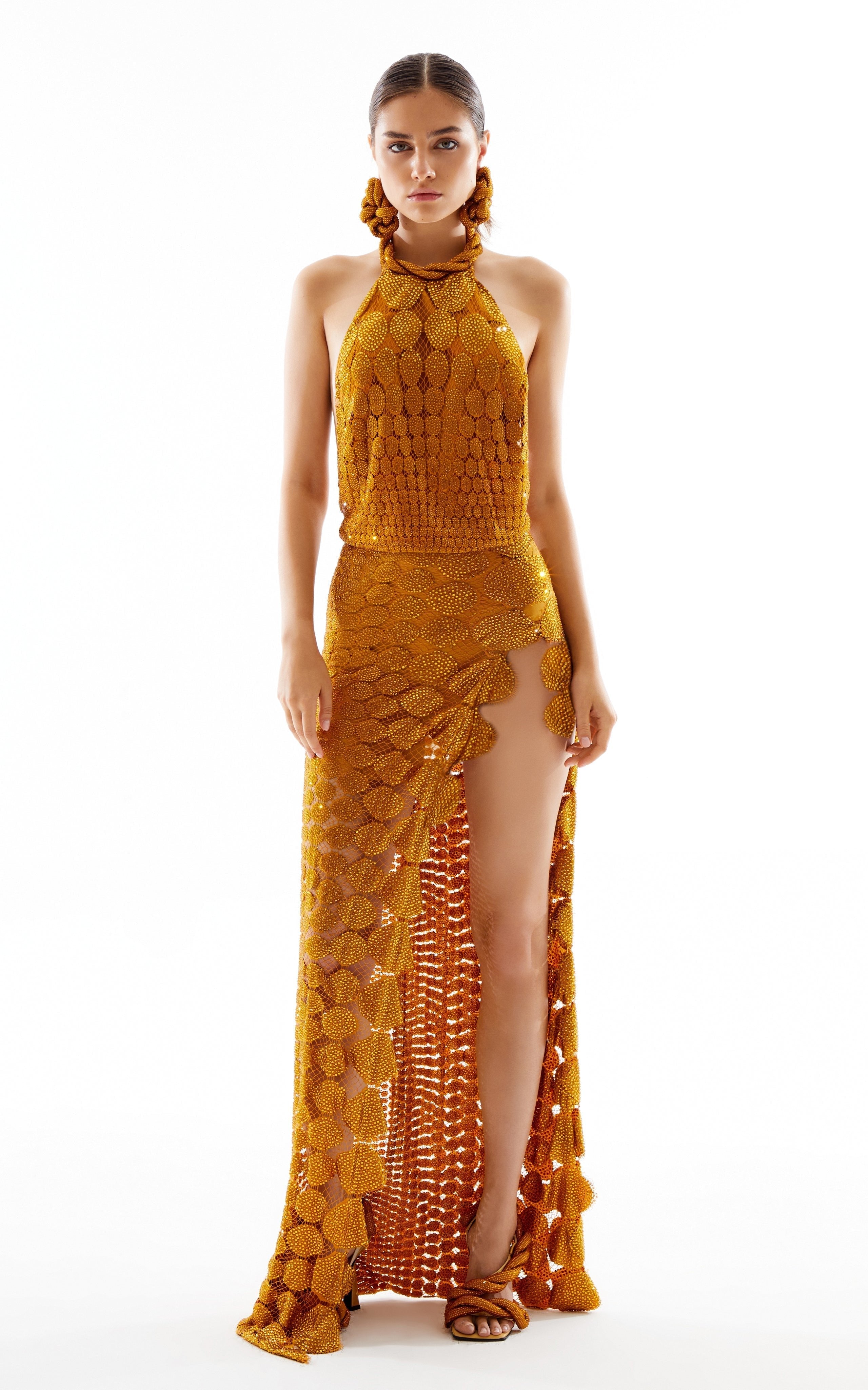 Halter Neck Sequined Circle Lace Maxi Dress with High Slit – RAISA VANESSA