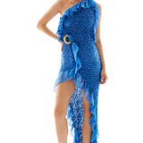 One Shoulder Crochet Chiffon Ruffle Maxi Dress