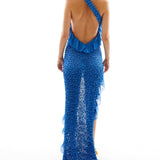 One Shoulder Crochet Chiffon Ruffle Maxi Dress