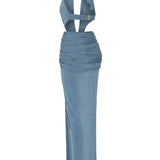 Indigo Buzzy V-neck Maxi Dress with Cutout and Gold Ivory Accessory Details