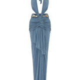 Indigo Buzzy V-neck Maxi Dress with Cutout and Gold Ivory Accessory Details