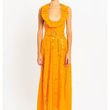 Ruffle Neck Midi Dress with Belt Details