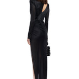 Long Sleeved Crystal Buttoned Midi Dress With High Slit