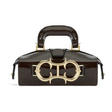 Brown Patent Leather Top Handle Bag With Gold Buckle