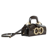 Brown Patent Leather Top Handle Bag With Gold Buckle