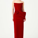 Red Silk Velvet Maxi Dress With Handmade Flower Detail