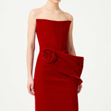 Red Silk Velvet Maxi Dress With Handmade Flower Detail