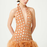 Nude V-Neck Handmade Gold Polka Dot Detailed Silk Chiffon Mini Dress With Organza Flower Details