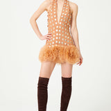 Nude V-Neck Handmade Gold Polka Dot Detailed Silk Chiffon Mini Dress With Organza Flower Details