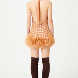 Nude V-Neck Handmade Gold Polka Dot Detailed Silk Chiffon Mini Dress With Organza Flower Details