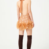 Nude V-Neck Handmade Gold Polka Dot Detailed Silk Chiffon Mini Dress With Organza Flower Details