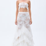 Laser Cut Chiffon Frill Detailed White Guipure Maxi Skirt