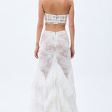 Laser Cut Chiffon Frill Detailed White Guipure Maxi Skirt