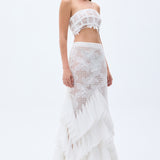 Laser Cut Chiffon Frill Detailed White Guipure Maxi Skirt