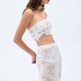 Laser Cut Chiffon Frill Detailed White Guipure Maxi Skirt